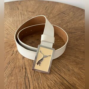 Puma White Leather Belt with Cream & Silver Enamel Logo Buckle
